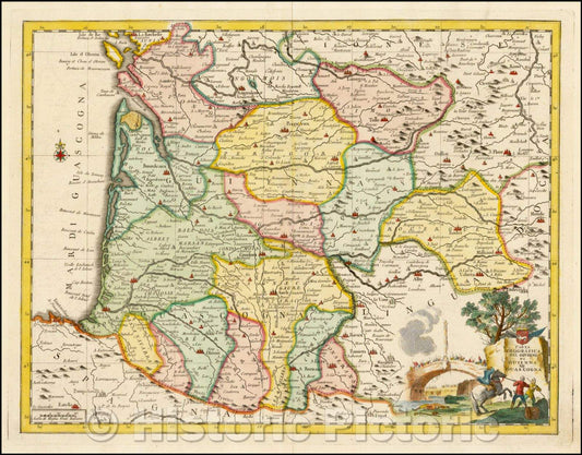 Historic Map - Carta Geografica Del Governo Di Guienna e Guascogna/Map of part of Southwestern France, with a cartouche, 1740, Giambattista Albrizzi - Vintage Wall Art