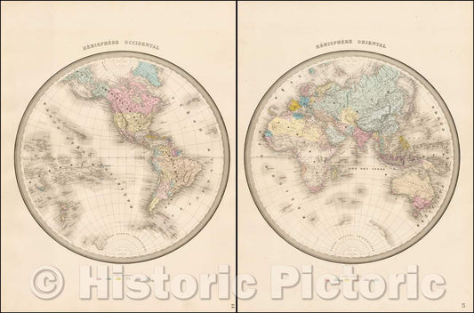 Historic Map - Hemisphere Occidental (and) Hemisphere Oriental, 1850, J. Andriveau-Goujon - Vintage Wall Art