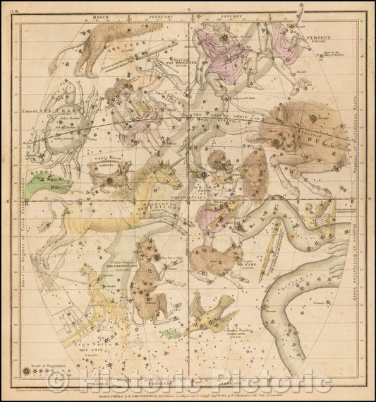 Historic Map - The January, February & March Sky - Cancer, Perseus, Gemini, Taurus, Orion, Monceros, Canis Major, Lepus, Argo Navis, Hydra, Perseus, 1835 v3