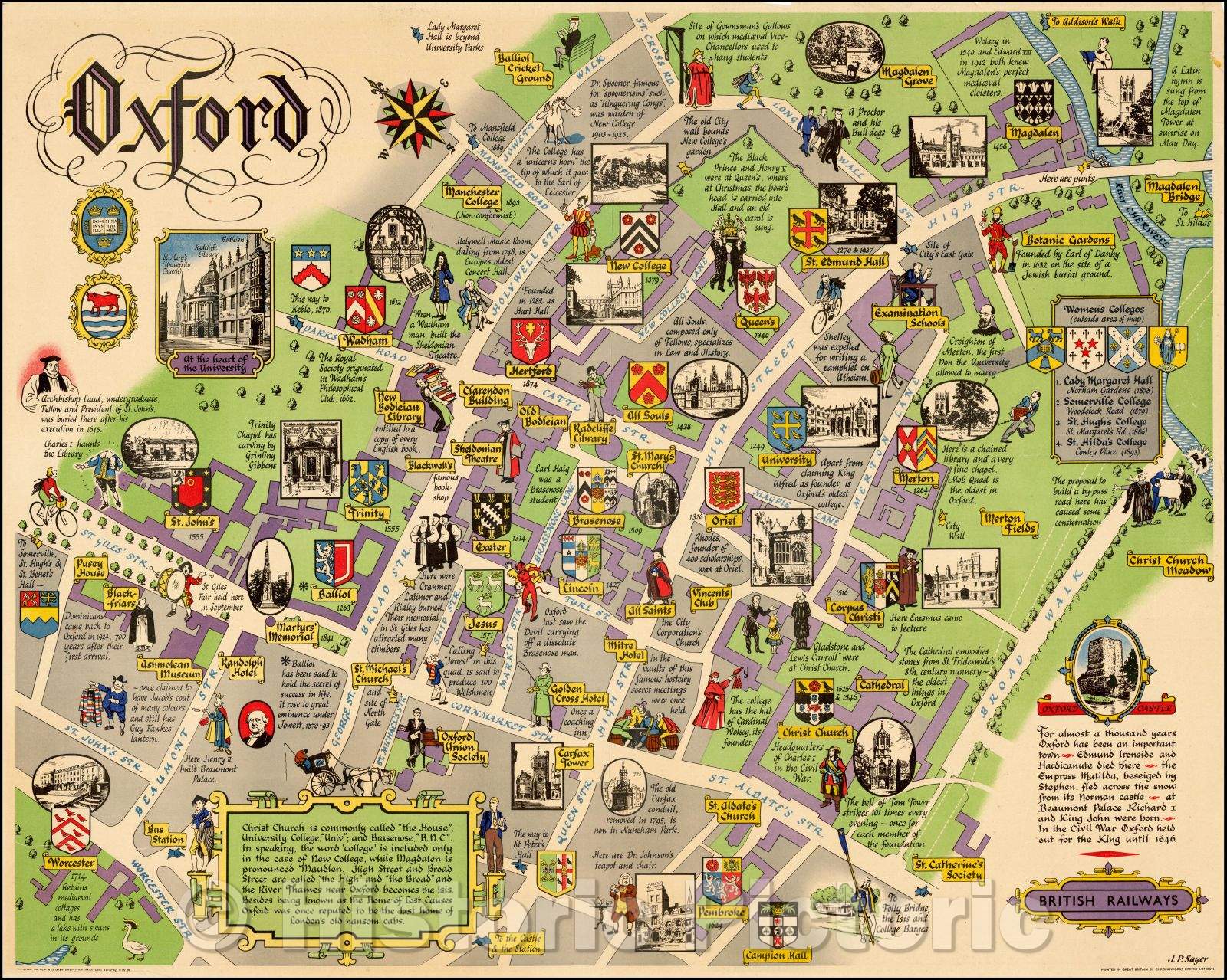 Historic Map - Oxford (British Railways Promotional Poster Map of Oxford), 1948, J P Sayer - Vintage Wall Art