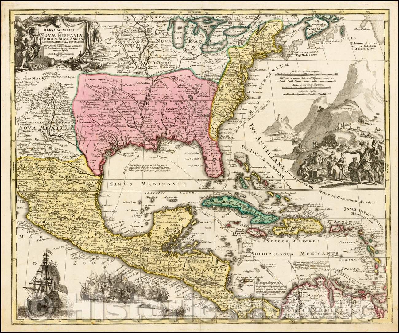 Historic Map - Regni Mexicani seu Novae Hispaniae, Floridae, Novae Angliae, Carolinae, Virginiae, 1720, Johann Baptist Homann v5