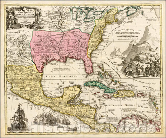 Historic Map - Regni Mexicani seu Novae Hispaniae, Floridae, Novae Angliae, Carolinae, Virginiae, 1720, Johann Baptist Homann v5