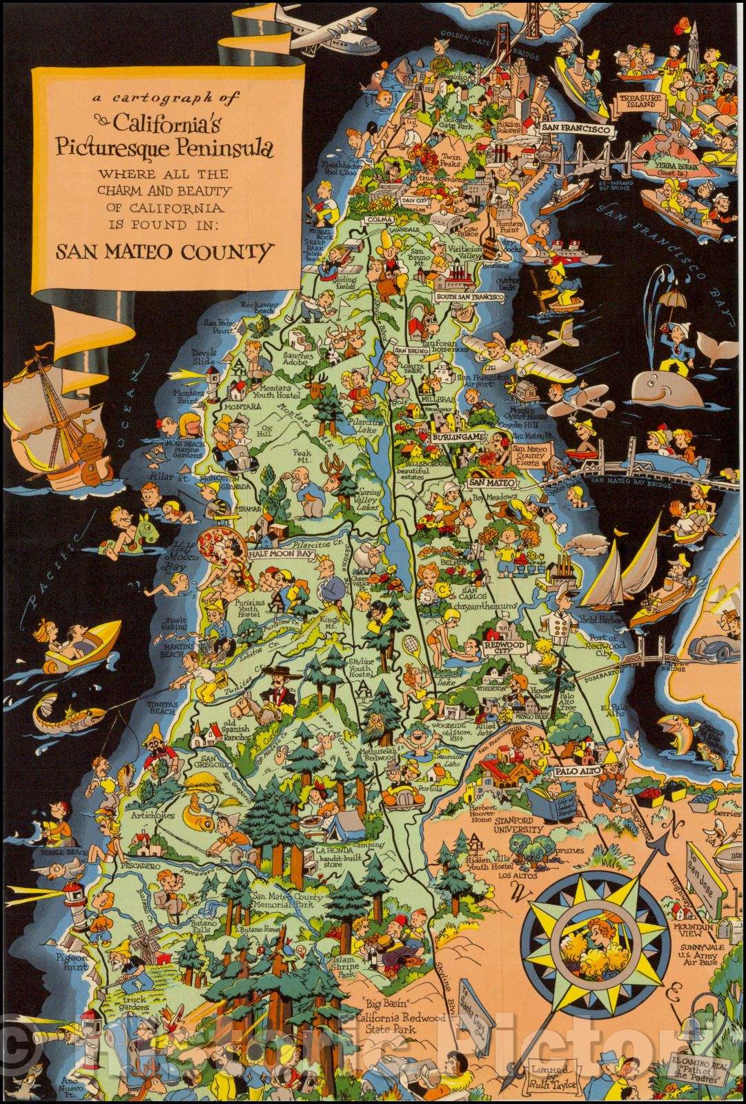 Historic Map - Cartograph of California's Picturesque Peninsula where all the Charm and Beauty of California is Found in San Mateo County, 1930 v1