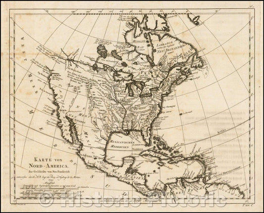 Historic Map - Karte von Nord-America, zur Geschichte voh Neu Frankreich :: Leipzig edition of Nicolas Bellin's of North America, first published in 1743, 1755 - Vintage Wall Art