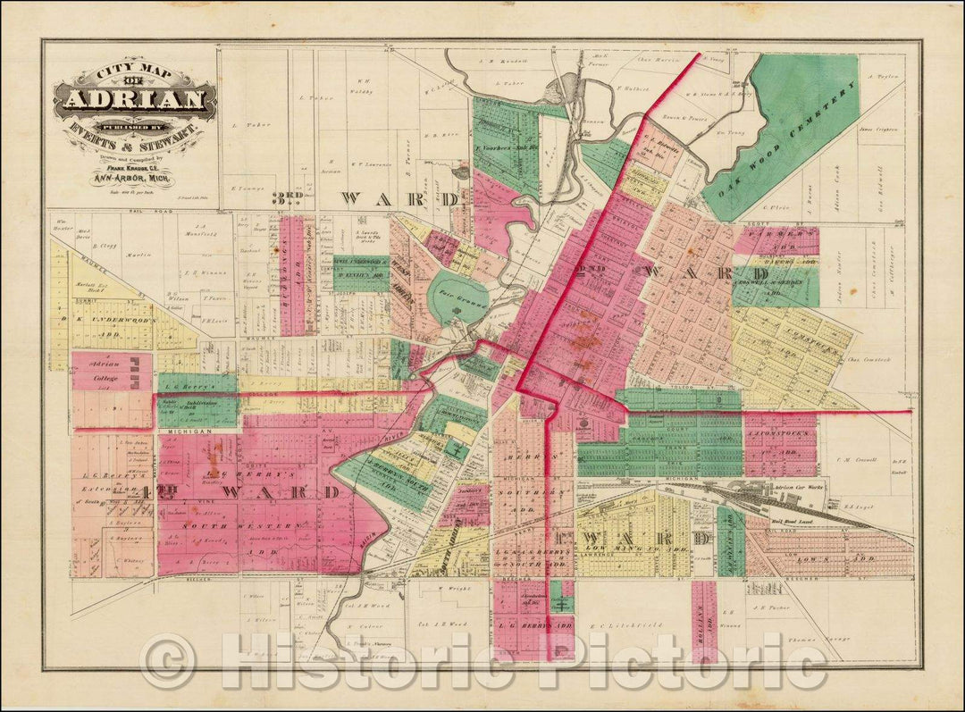 Historic Map - City Map of Adrian, 1870, Everts & Stewart - Vintage Wall Art