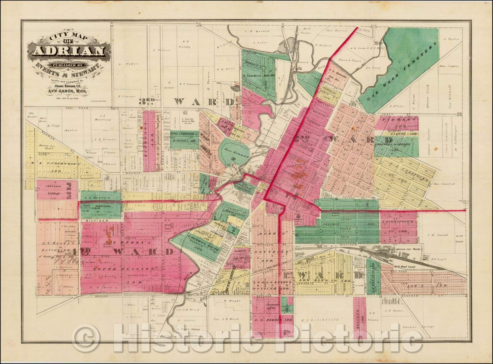Historic Map - City Map of Adrian, 1870, Everts & Stewart - Vintage Wall Art