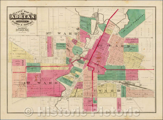 Historic Map - City Map of Adrian, 1870, Everts & Stewart - Vintage Wall Art