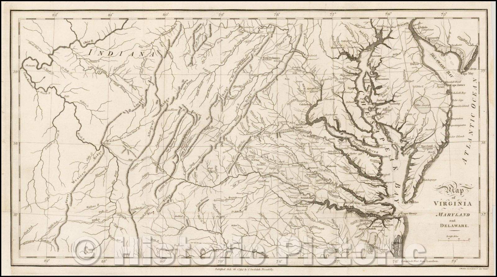 Historic Map - Map of Virginia Maryland and Delaware, 1794, John Stockdale - Vintage Wall Art