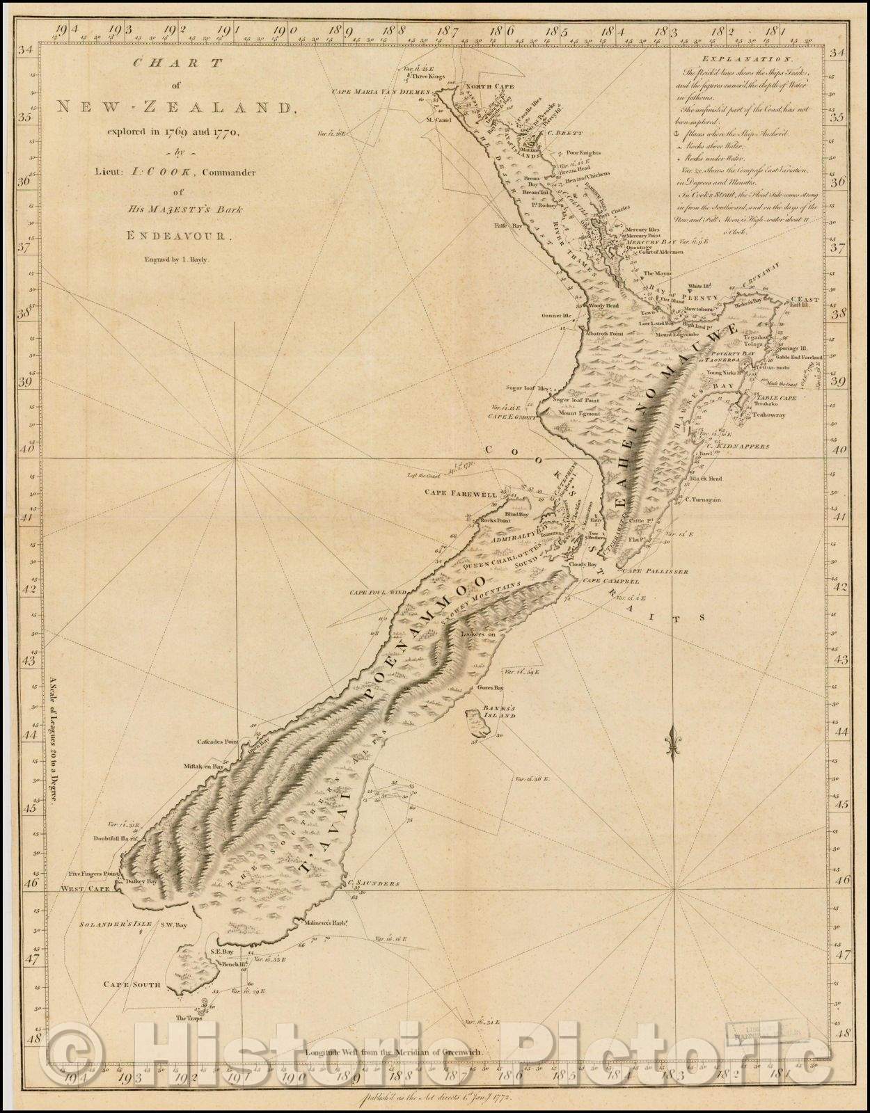 Historic Map - Chart of New-Zealand, explored in 1769 and 1770, 1773, James Cook v2