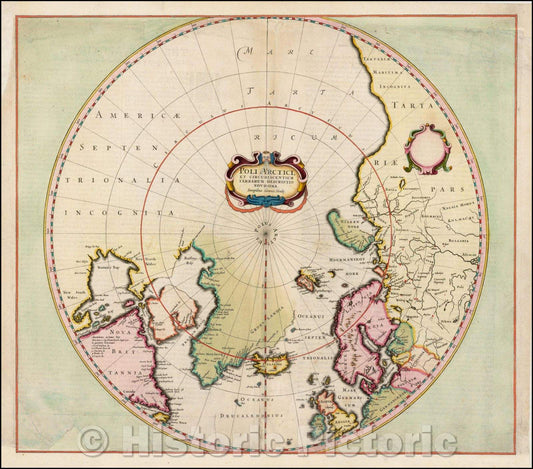 Historic Map - Poli Arctici, et Circumiacentium Terrarum Descriptio Novissima [Proof Stat :: Arctic pole, and the adjoining World Description [Proof State], 1636 - Vintage Wall Art