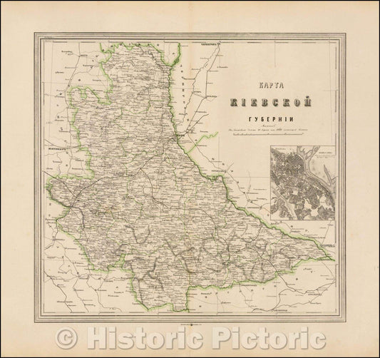 Historic Map - Karta Kievskoi Gubernii [Kiev Governorate, Ukraine]. / Ukraine's Kiev Governorate, modern Kiev Oblast, Cherkassy Oblast, Dneiper River, 1871 - Vintage Wall Art