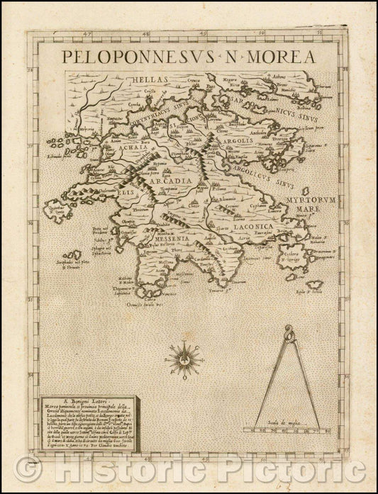Historic Map - Peloponnesus N. Morea/Map of the Peloponnese, Achaia, Messenia, Elis, Arcadia, Argolis and Laconia, 1570, Claudio Duchetti - Vintage Wall Art
