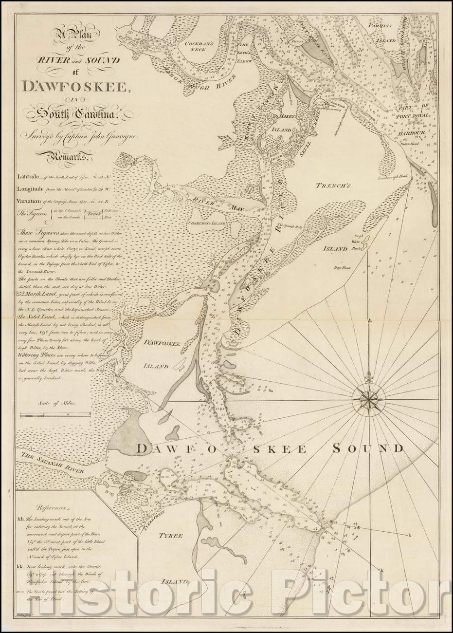 Historic Map - A Plan of the River and Sound of D'Awfoskee in South Carolina. Survey'd, 1773, William Faden - Vintage Wall Art
