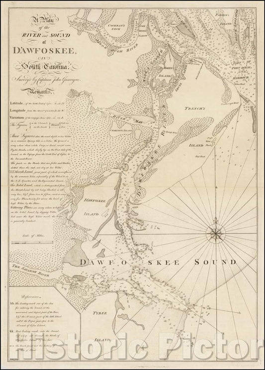 Historic Map - A Plan of the River and Sound of D'Awfoskee in South Carolina. Survey'd, 1773, William Faden - Vintage Wall Art