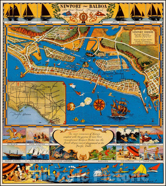 Historic Map - Newport Harbor Orange County Harbor District, 1939, Claude Putnam - Vintage Wall Art