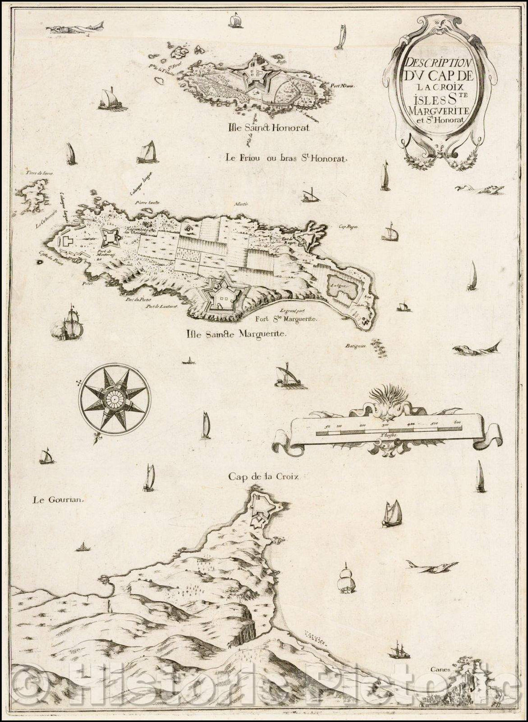 Historic Map - Description Due Cap De La Croix Isles Ste. Marguerite et St. H :: Coastal of South of France, Canes, Ile Sainte-Marguerite, Ile Saint-Honarat, 1634 - Vintage Wall Art