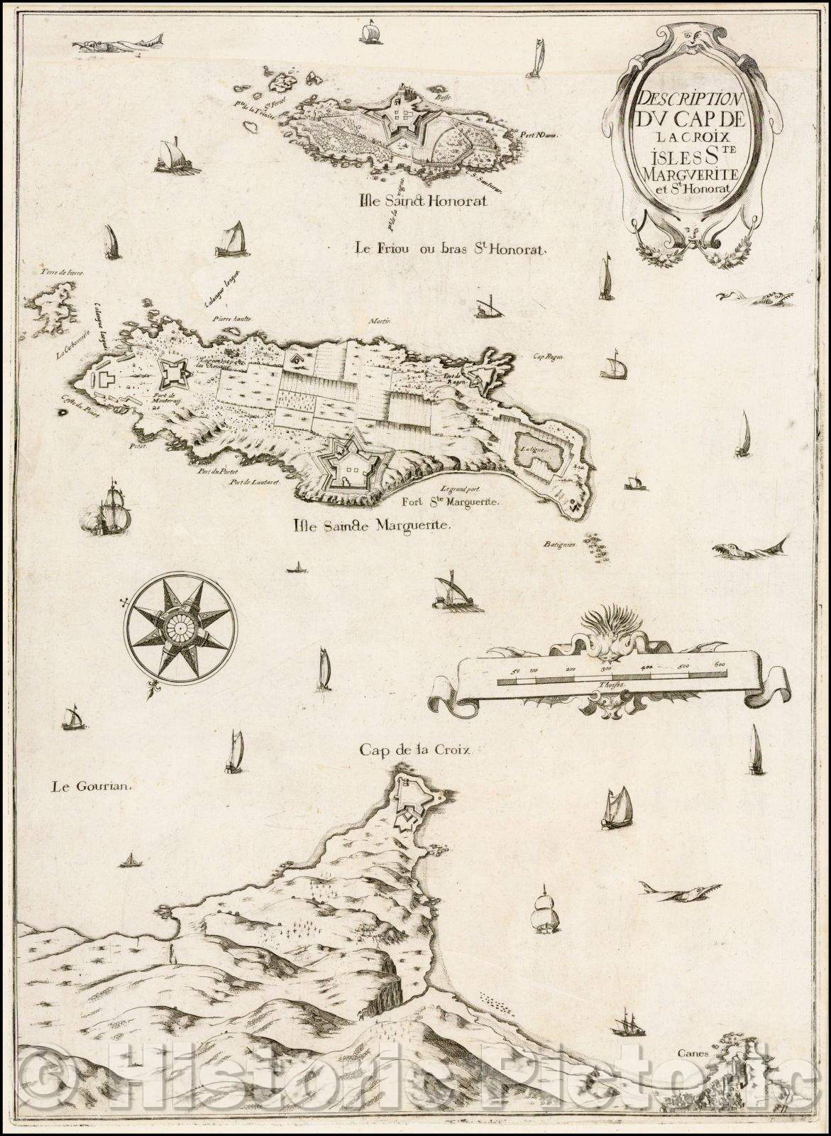 Historic Map - Description Due Cap De La Croix Isles Ste. Marguerite et St. H :: Coastal of South of France, Canes, Ile Sainte-Marguerite, Ile Saint-Honarat, 1634 - Vintage Wall Art