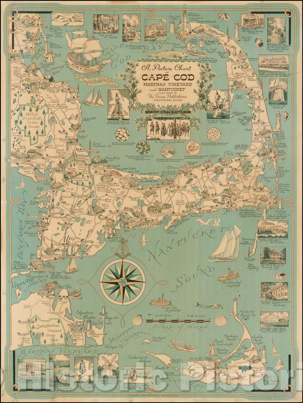 Historic Map - A Picture Chart of Cape Cod Marthas Vineyard and Nantucket, 1949, Ernest Dudley Chase - Vintage Wall Art