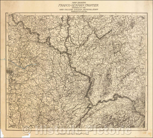 Historic Map - Map Showing Franco-German Frontier Prepared In The War College Division, General Staff. Washington Aug, 1914 - Vintage Wall Art