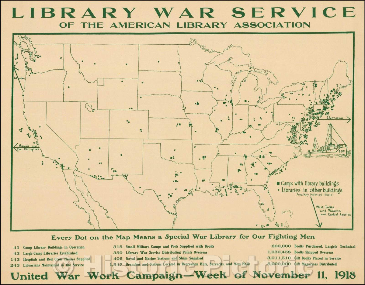 Historic Map - Map of the United States Showing War Libraries Library ...