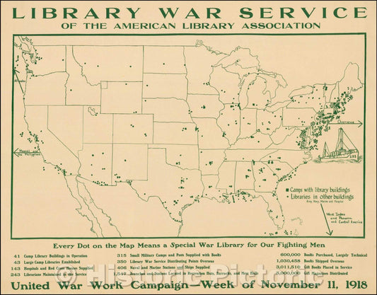 Historic Map - Map of the United States Showing War Libraries Library War Service of the American Library Association, 1918, American Library Association - Vintage Wall Art