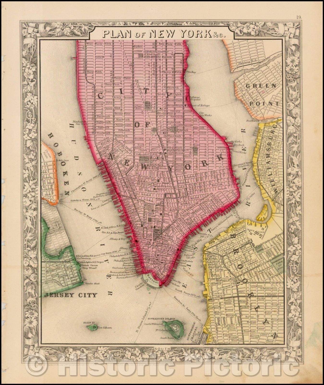 Historic Map - Plan of New York, 1865, Samuel Augustus Mitchell Jr. - Vintage Wall Art