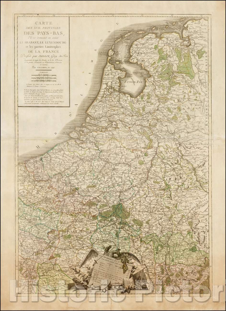 Historic Map - Carte Des XVII. Provinces Des Pays-Bas, Ou se trouvent en entier Le Brabant/Map of the Low Countries, by Jaillot, 1792, C.J. Chaumier - Vintage Wall Art