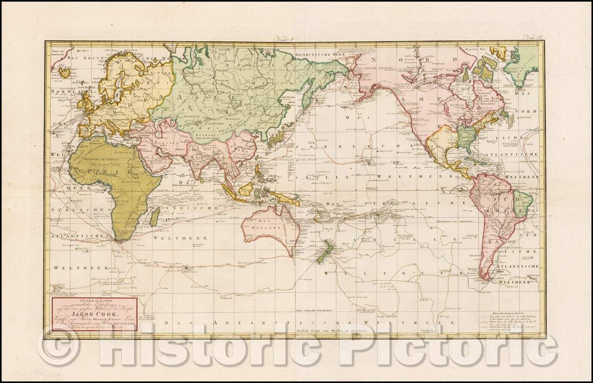Historic Map - Generalkarte saemmtlicher Entdeckungen auf den drei grofsen Weltreisen des, 1789 - Vintage Wall Art