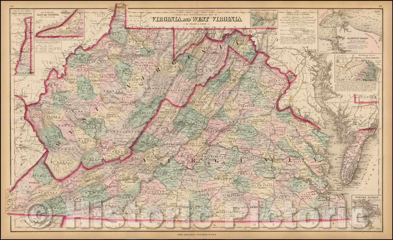 Historic Map - Gray's New Map Topographical Map of Virginia and West Virginia, 1878, O.W. Gray - Vintage Wall Art