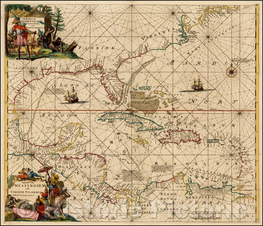 Historic Map - Indiarum Occidentalium Tractus Littorales cum Insulis Caribicis/Pascaert van Westindien ende Caribise Eylanden, 1720, Louis Renard - Vintage Wall Art