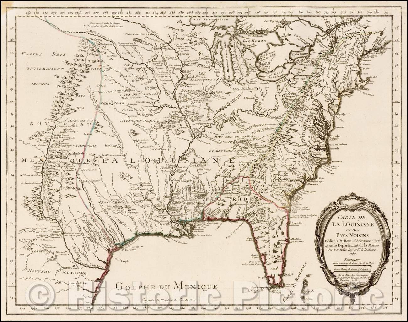 Historic Map - Carte de La Louisiane et Des Pays Voisins Dediee a M. Rouille Secretairr 'd Etat ayant le Departement de la Marine, 1755, Jacques Nicolas Bellin - Vintage Wall Art