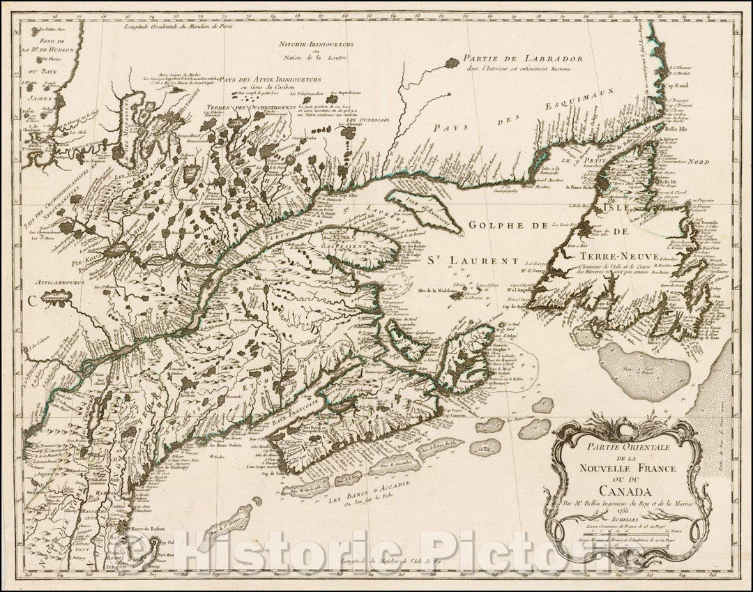 Historic Map - Partie Orientale de la Nouvelle France Ou Du Canada, 1755, Jacques Nicolas Bellin - Vintage Wall Art