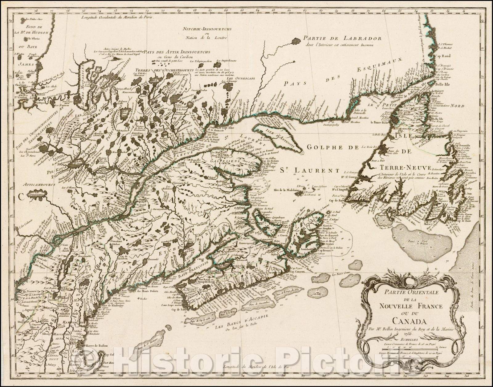 Historic Map - Partie Orientale de la Nouvelle France Ou Du Canada, 1755, Jacques Nicolas Bellin - Vintage Wall Art
