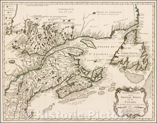 Historic Map - Partie Orientale de la Nouvelle France Ou Du Canada, 1755, Jacques Nicolas Bellin - Vintage Wall Art