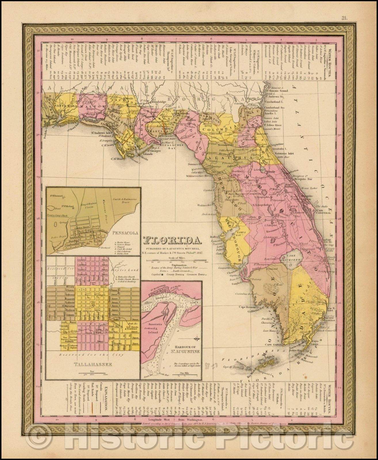 Historic Map - Florida, 1847, Samuel Augustus Mitchell - Vintage Wall Art