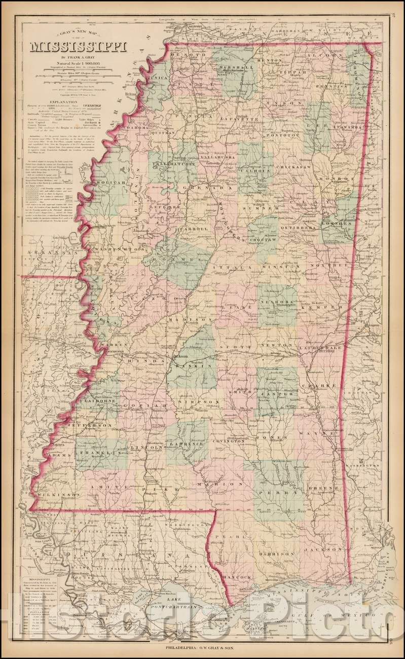 Historic Map - Gray's New Map of Mississippi, 1878, O.W. Gray - Vintage Wall Art