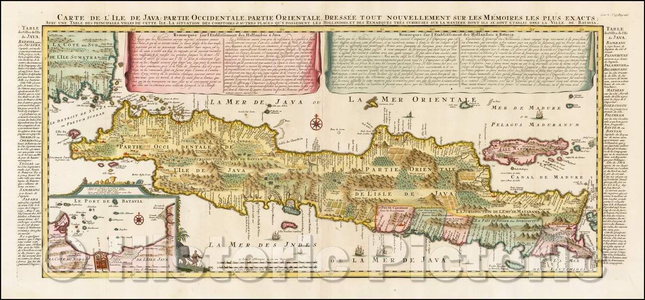 Historic Map - Carte de l'Ile de Java: Partie Occidentale, Partie Orientale, Dressee tout Nouvellement/Map of Java, bay of Batavia, 1718, Henri Chatelain - Vintage Wall Art
