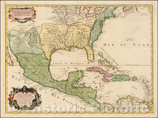 Historic Map - Carte Du Mexique et de la Floride des Terres Angloises et des Isles Antilles du Cours et des Environs de la Riviere Mississipi, 1708 - Vintage Wall Art
