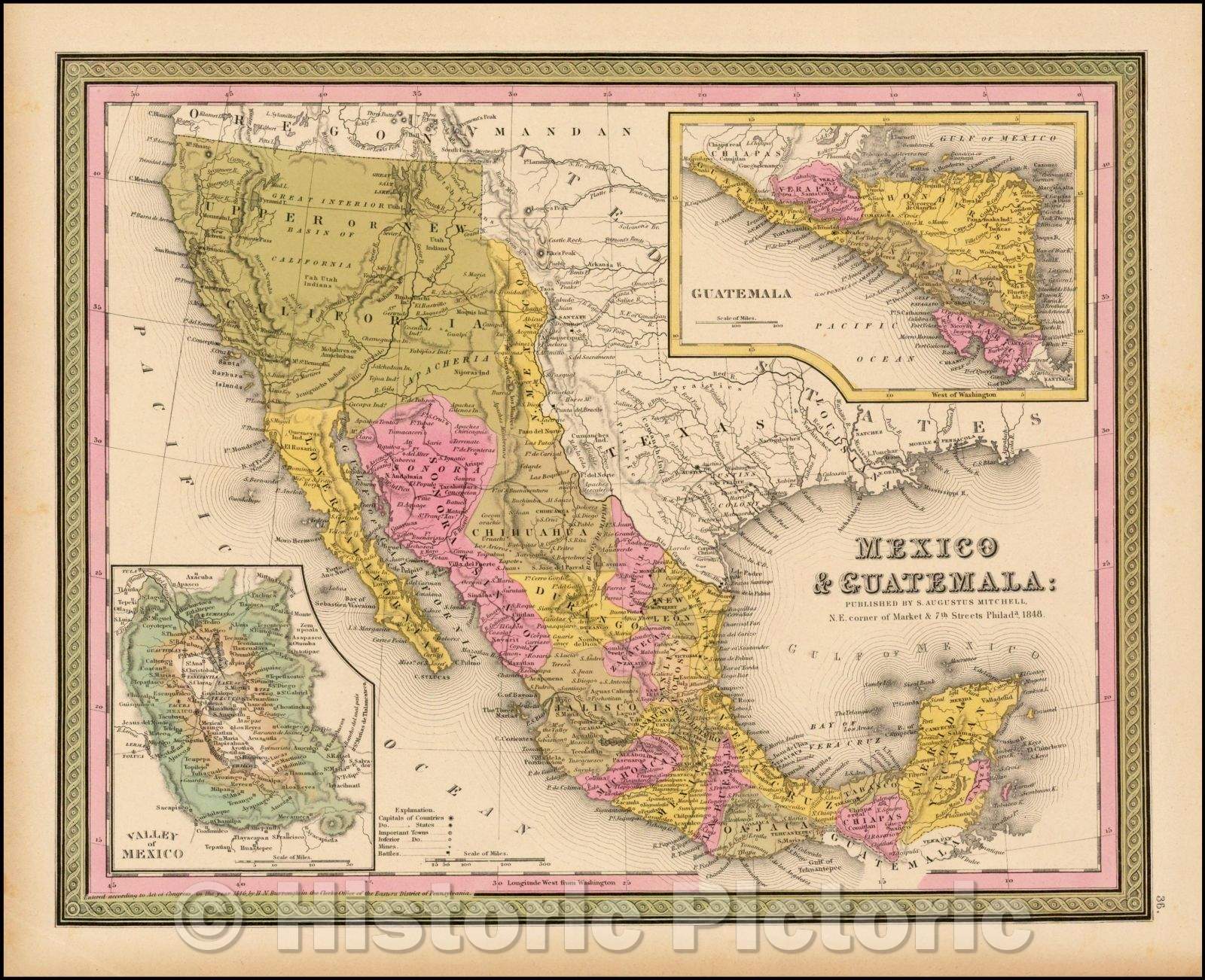 Historic Map - Mexico & Guatemala, 1848, Samuel Augustus Mitchell - Vintage Wall Art