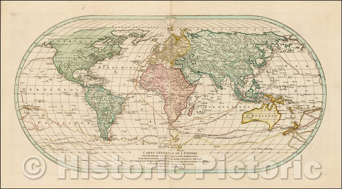 Historic Map - Mappe Monde ou Carte Generale de L' Univers Sur Une Projection Nouvelle D'Une Sphere Ovale, 1782, Mathais Albrecht Lotter - Vintage Wall Art