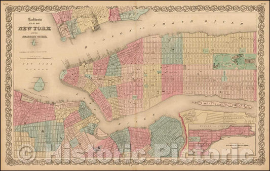 Historic Map - Colton's Map of New York And the Adjacent Cities, 1858, Joseph Hutchins Colton - Vintage Wall Art