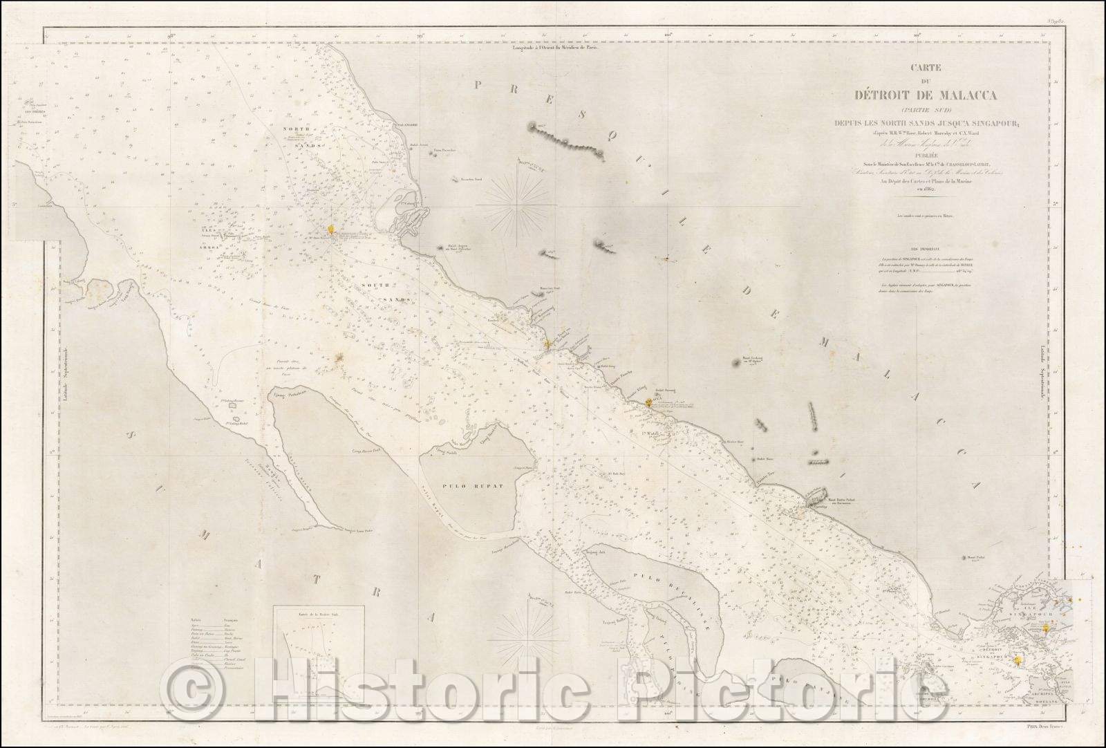 Historic Map - Carte Du Detroit De Malacca Partie Sud Depuis Les North Sands Jusqu'a Singapour; d'apres M.M. Wm. Rose, Roberts Moresby, 1862 v1