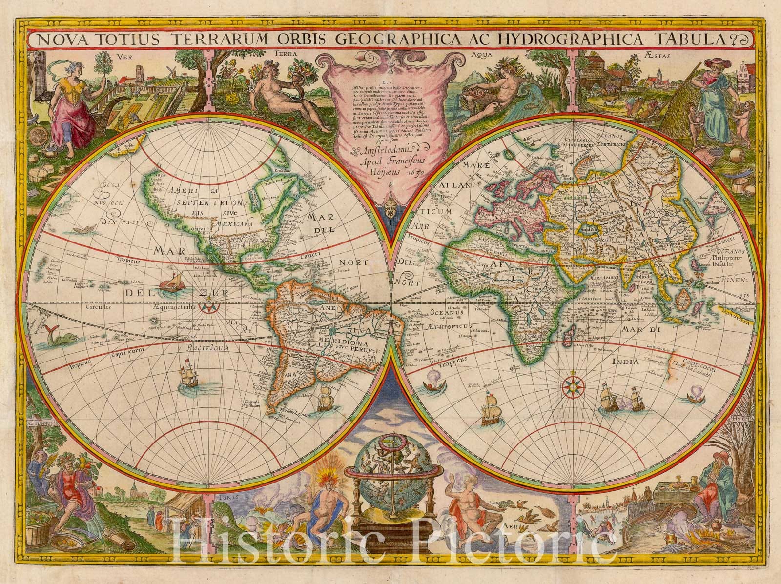 Historic Map - Nova Totius Terrarum Orbis Geographica Ac Hydrographica Tabula/Blaeu's classic world Map, 1630, Jodocus Hondius - Vintage Wall Art