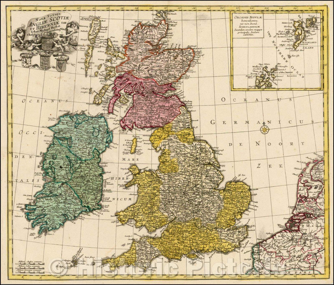 Historic Map - Nova Totius Angliae Scotiae et Hiberniae Tab: Iohan Michael Probst :: British Isles, published by Johann Michael Probst in Augsburg, 1760 - Vintage Wall Art