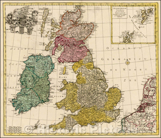 Historic Map - Nova Totius Angliae Scotiae et Hiberniae Tab: Iohan Michael Probst :: British Isles, published by Johann Michael Probst in Augsburg, 1760 - Vintage Wall Art