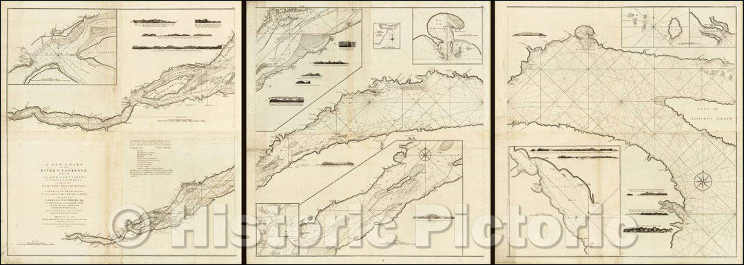 Historic Map - St. Lawrence River A New Chart of the River St. Laurence, from the Island of Anticosti to the Falls of Richelieu.Taken, 1775, James Cook - Vintage Wall Art