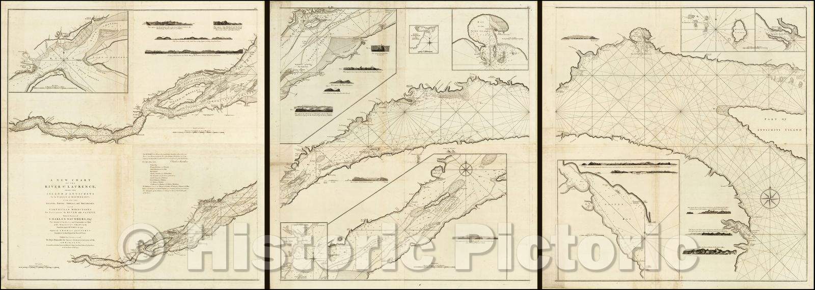 Historic Map - St. Lawrence River A New Chart of the River St. Laurence, from the Island of Anticosti to the Falls of Richelieu.Taken, 1775, James Cook - Vintage Wall Art