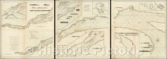 Historic Map - St. Lawrence River A New Chart of the River St. Laurence, from the Island of Anticosti to the Falls of Richelieu.Taken, 1775, James Cook - Vintage Wall Art