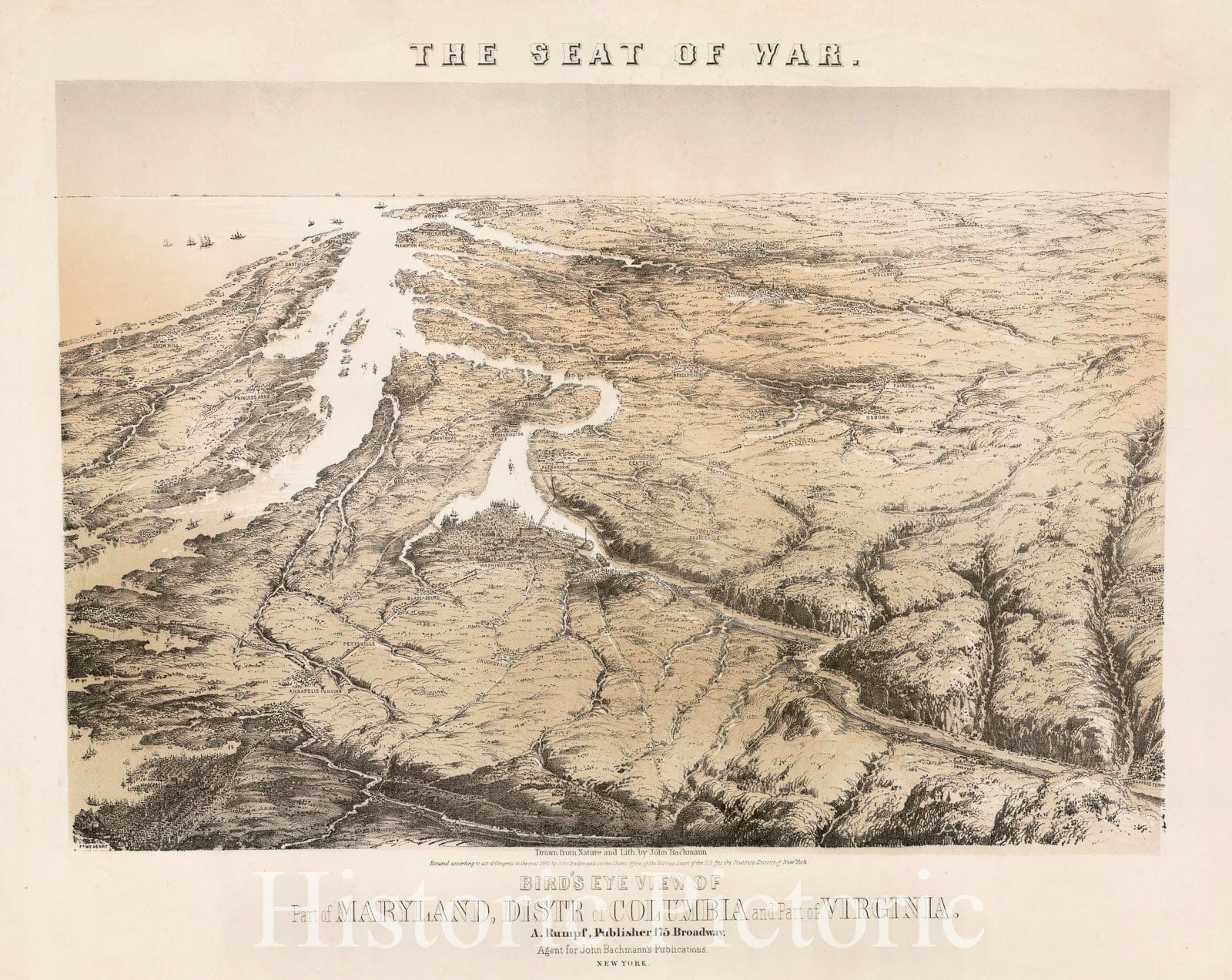 Historic Map - The Seat of War. Bird's Eye View of Part of Maryland, Distr of Columbia and Part of Virginia, 1861, John Bachmann - Vintage Wall Art