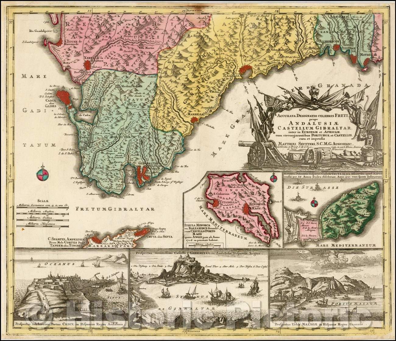 Historic Map - Accurata Designatio Celebris Freti prope Andalusiae Castellum Gibralter inter in Eu :: Regional of parts of Spain, inset Maps of Minorca etc, 1730 - Vintage Wall Art